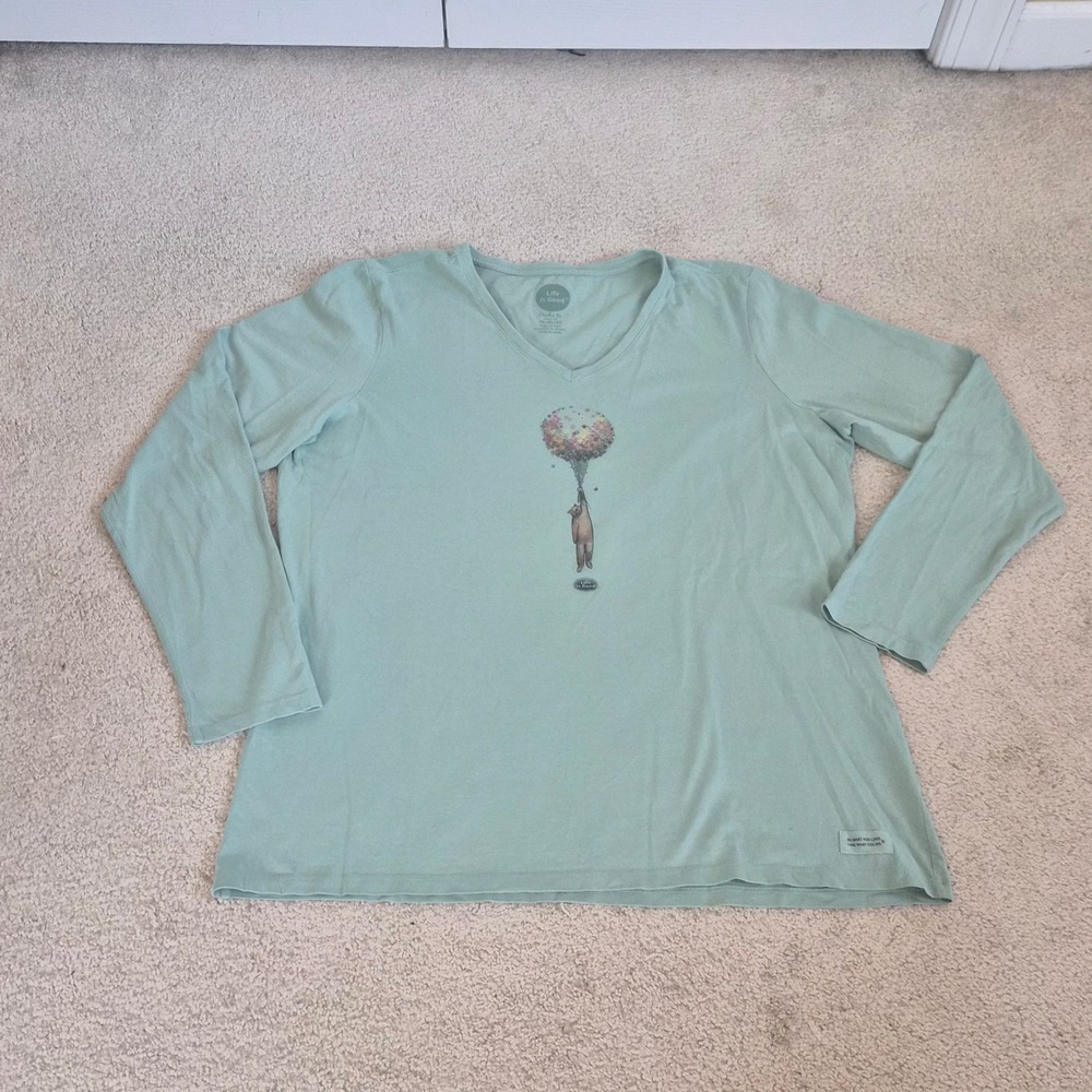 Life is Good Crusher Tee Womens XL Sage Green Long Sleeve Bear Grandmacore